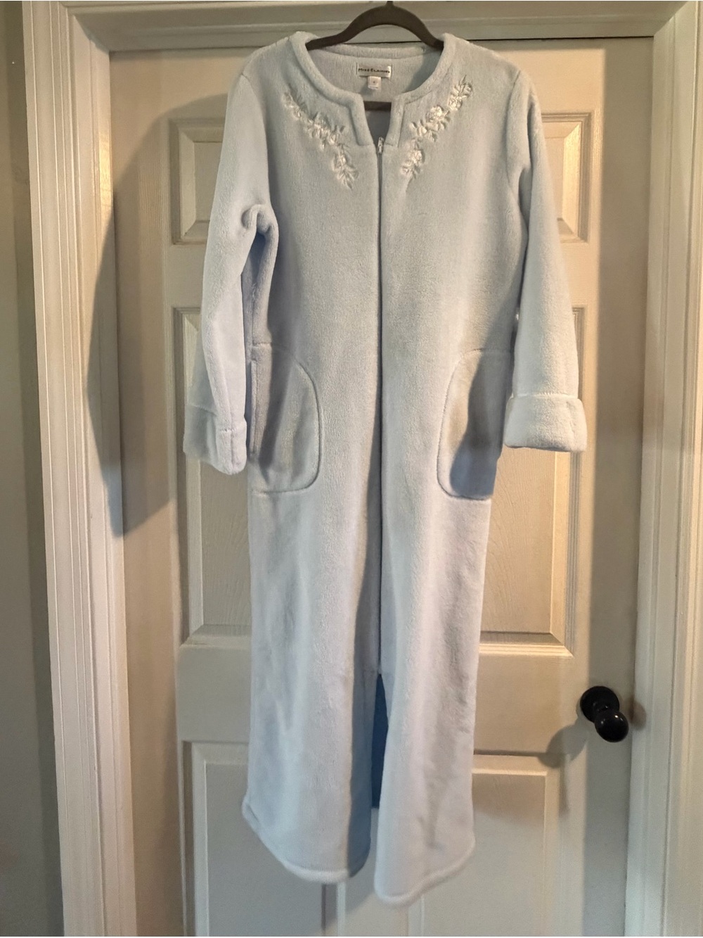 Miss Elaine Women's Blue Zip Robe Coat Embroidered Floral Pockets Size S